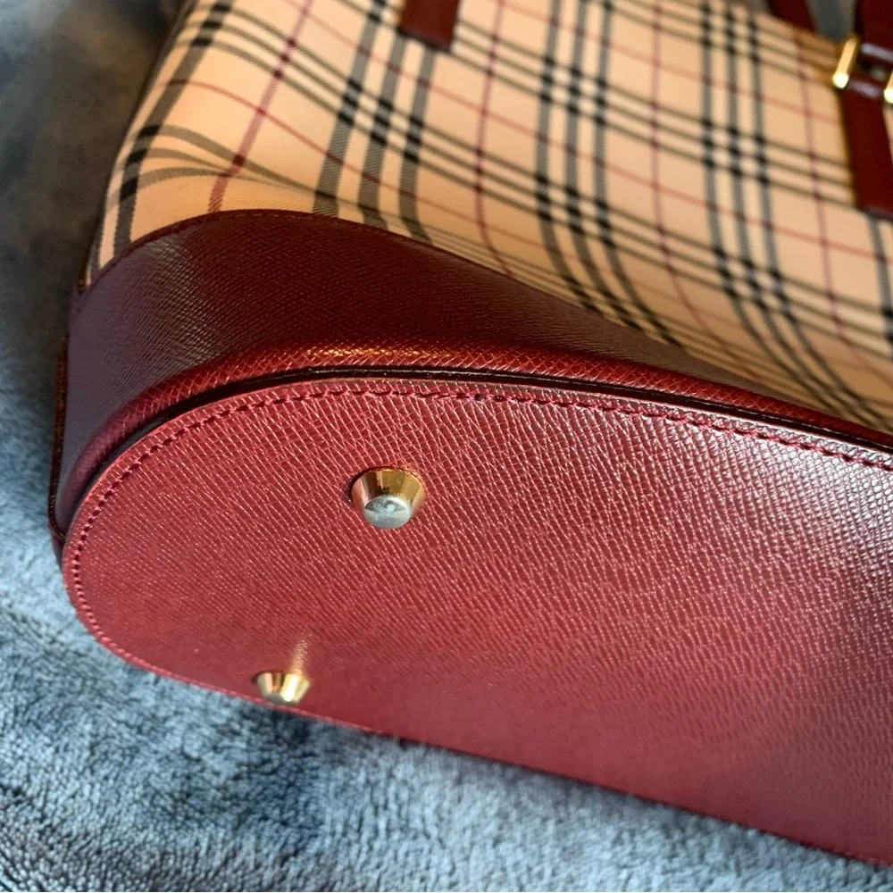 Burberry Beige Check Tote with Burgundy Trim
